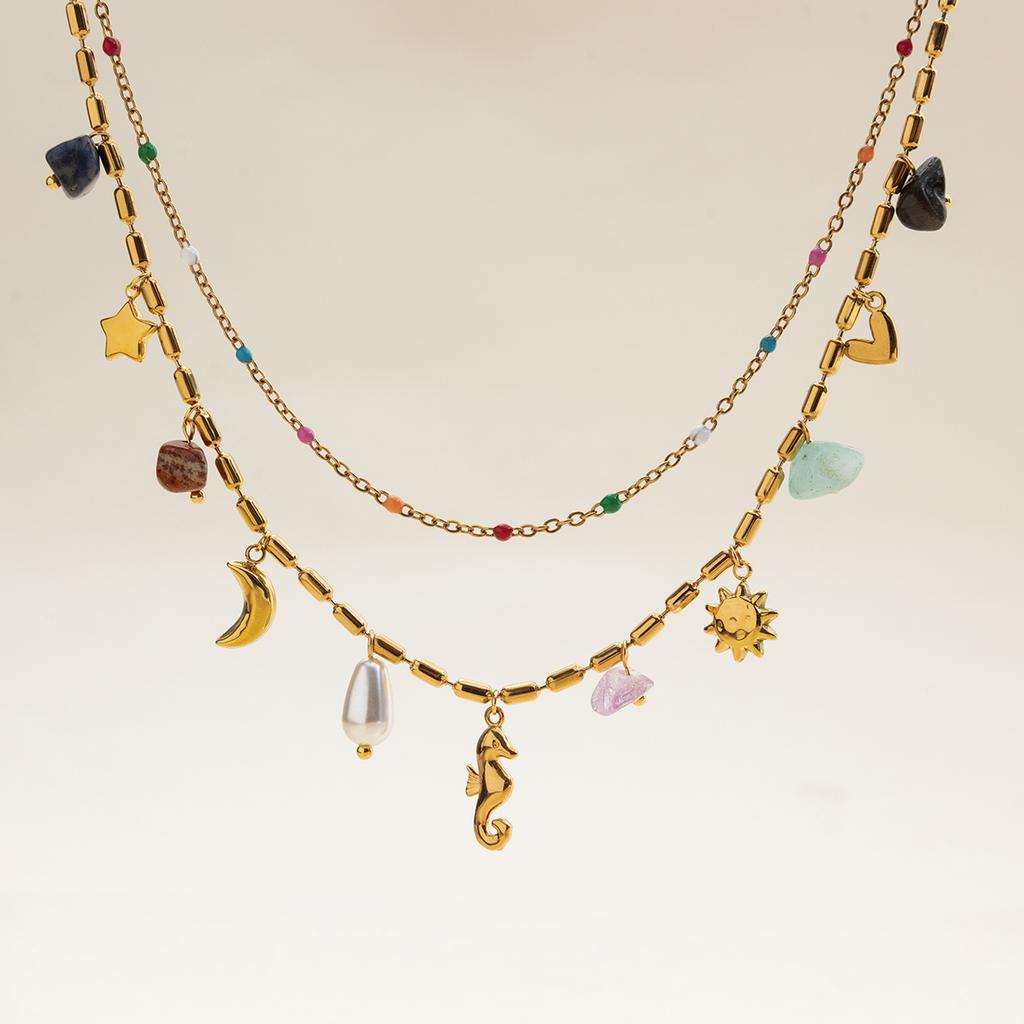 Uworld Fashion Vacation Style 18K Gold Color Plated Stainless Steel Natural Color Stone Pendant Necklace Stackable Double layer