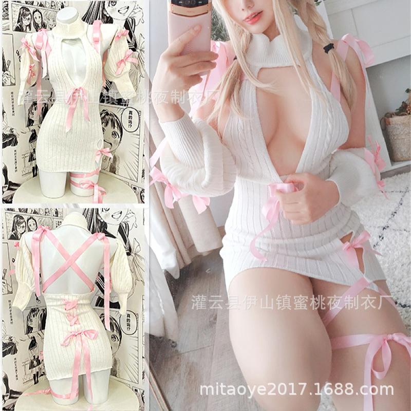 Japanese-style open-chest, breast-exposing bow sweater, cute girl dress, erotic underwear, 2D cosplay character