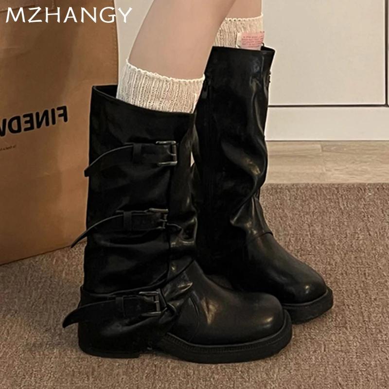 Fashion Women Leather High Boots Chunky Pleated Shoes Woman 2025 Trend Designer Snow Motorcycle Boots Winter New Chelsea Botas Mujer