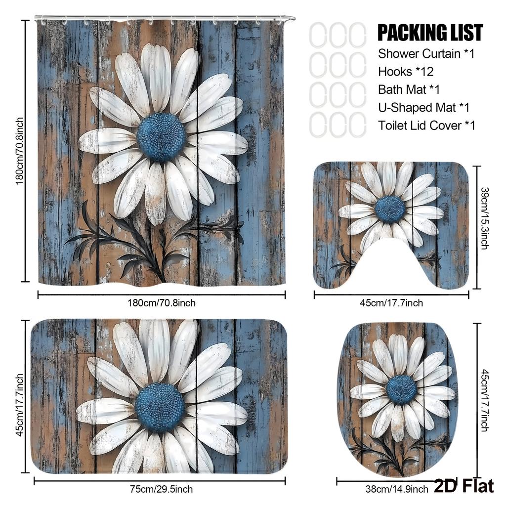 4Pcs Rustic Farmhouse Shower Curtain Set with Non-Slip Bath Mat, Toilet Lid Cover, Contour Rug & 12 Hooks, Bathroom Decor