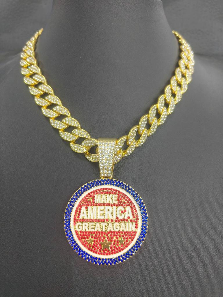 Europe and America's Popular Round Brand Make America Create AGAIN Letter Alloy Color Diamond Pendant Men's Necklace
