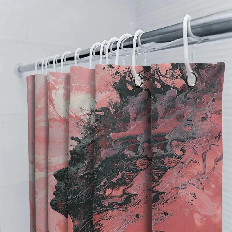 Modern Bathroom Shower Curtain with Abstract Pink and Black Swirl Design Polyester Fabric for Waterproof Protection