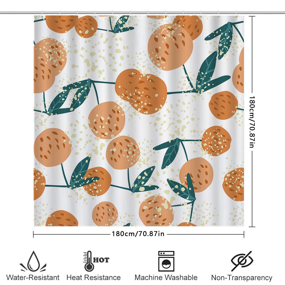 Modern Bath Shower Curtain With Orange Cherry Fruit Design, White Polyester Fabric For Bathroom Decoration Green Leaf Pattern