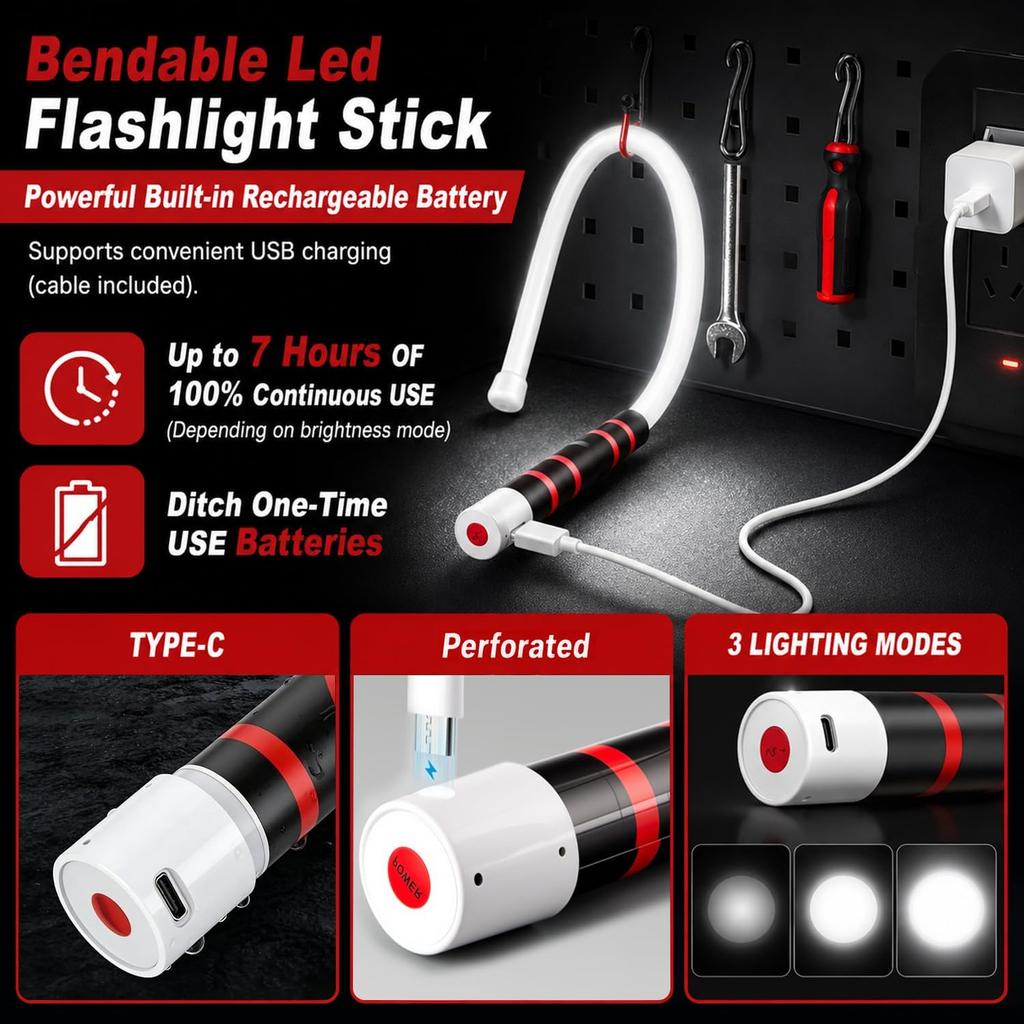 Flexible LED Flashlight Stick, 29 Inch Bendable Work Light, High Lumen Rechargeable LED Work Light, 3 Brightness Modes, Portable Inspection Lamp for