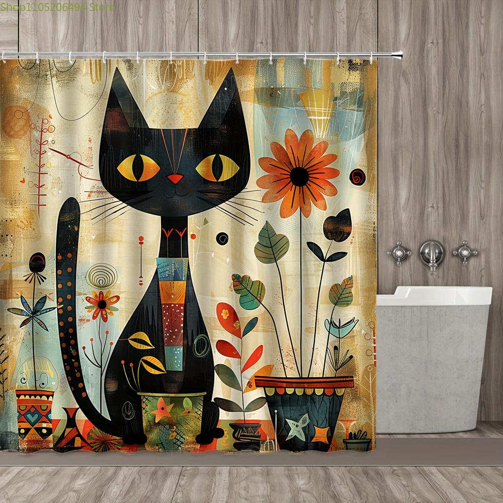 1pc Whimsical Cat & Floral Vintage Bath Curtain - Premium Polyester Shower Curtain with No-Drill Hooks, Machine Washable, Ultr