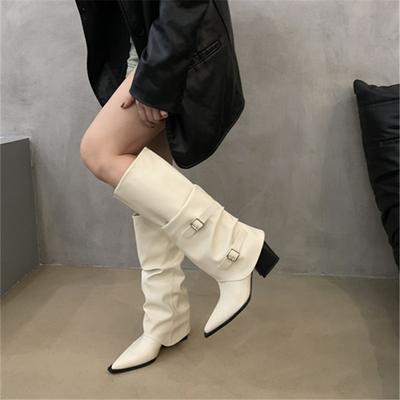 Fashion Knee-high Square Heel Long Boots Winter Slip-on Ladies Shoes On Sale 2025 Spring Autumn Pointed Toe Low Heel Punk Women's Botas
