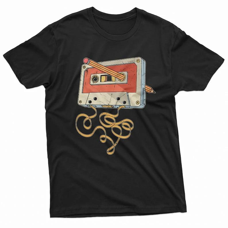 Men's Vintage Cassette Tape with Pencil T-shirt 80s 90s Born Nostalgic Birthday Gift Christmas Funny Tee Summer Summer Clothing