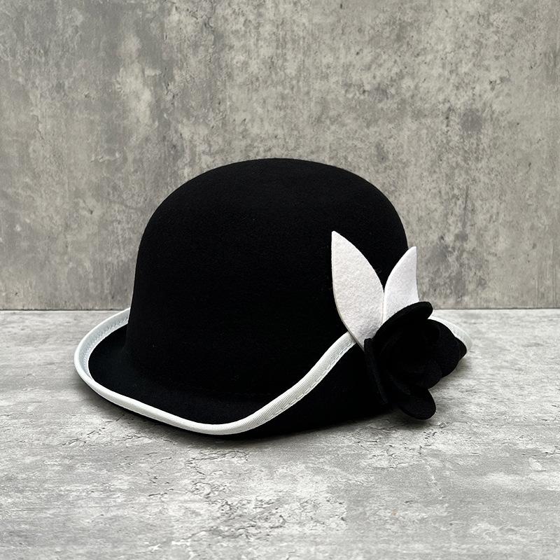Hepburn Style Woolen Bucket Hat Female French Retro Elegant Camellia Pot Hat Contrasting Color Edge Versatile Top Hat