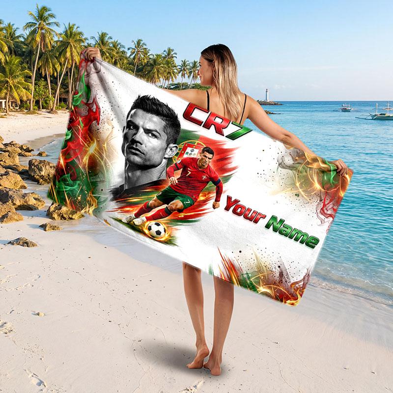 Cristiano Ronaldo Custom Beach Towel, Personalized Name Text Print, Football Logo Soft Quick‑Dry Towel Holiday Gift