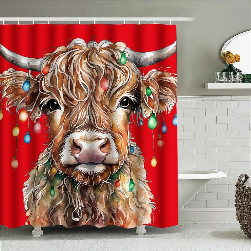 Watercolor Highland Cow Shower Curtain Christmas Lights Rustic Farmhouse Decorative Bath Linen Red Background With Multicolor Fl