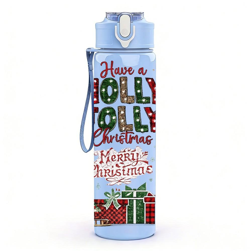 1PC Holly Jolly Christmas Scene Print 750ml Color Plastic Sports Water Bottle Leakproof Flip Straw Lid Suitable for Sports Office Home Use