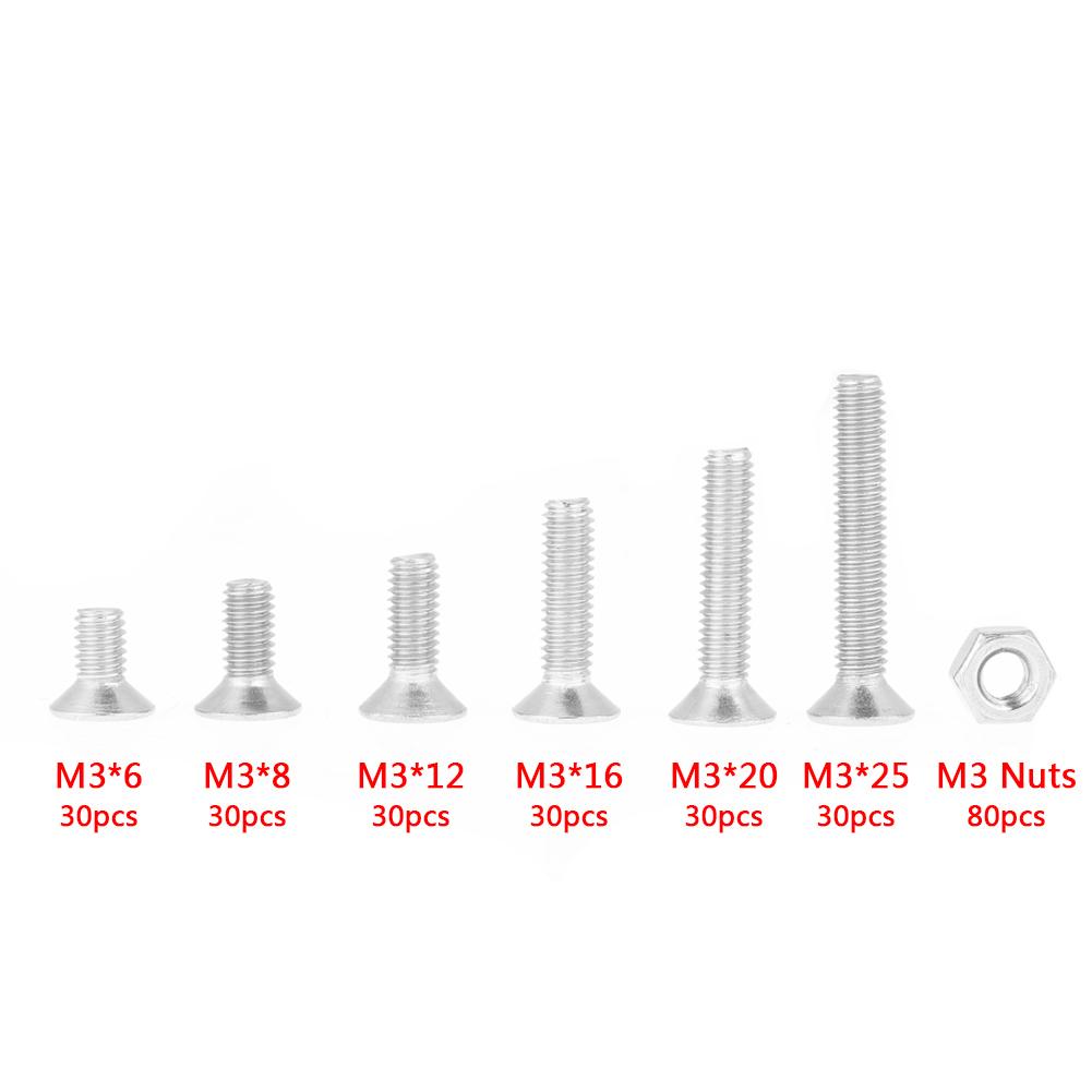 260pcs M3 304 Stainless Steel Hex Socket Flat Head Screw Bolts Nuts Kit With Box