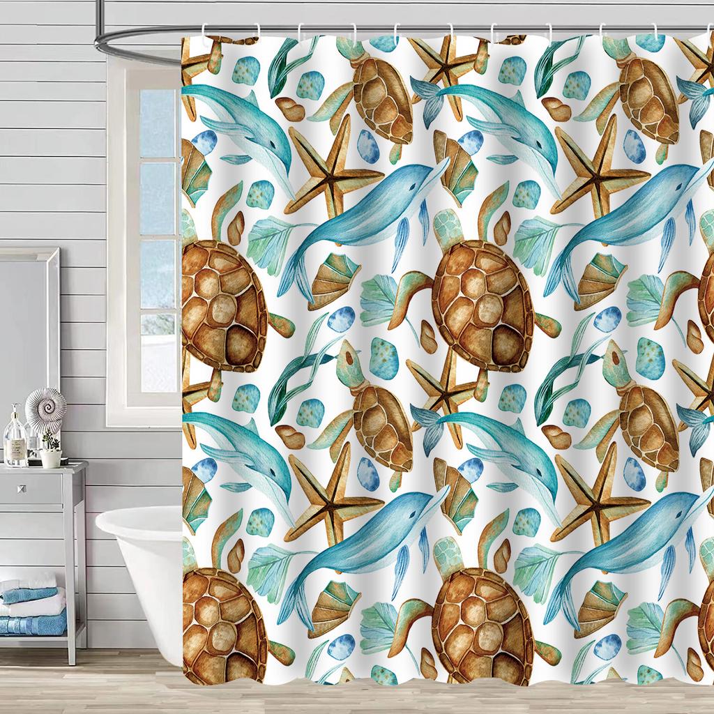 Shower Curtain Waterproof And Mildew-Proof Digital Printing Starfish Shell Shower Curtain Bathroom Partition Curtain Free Punching
