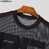 INCERUN Men Summer O Neck Short Sleeve Letter Print Mesh Sheer T-Shirts Transparent Tops