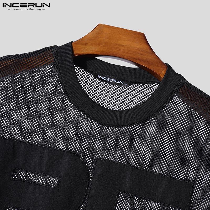 INCERUN Men Summer O Neck Short Sleeve Letter Print Mesh Sheer T-Shirts Transparent Tops