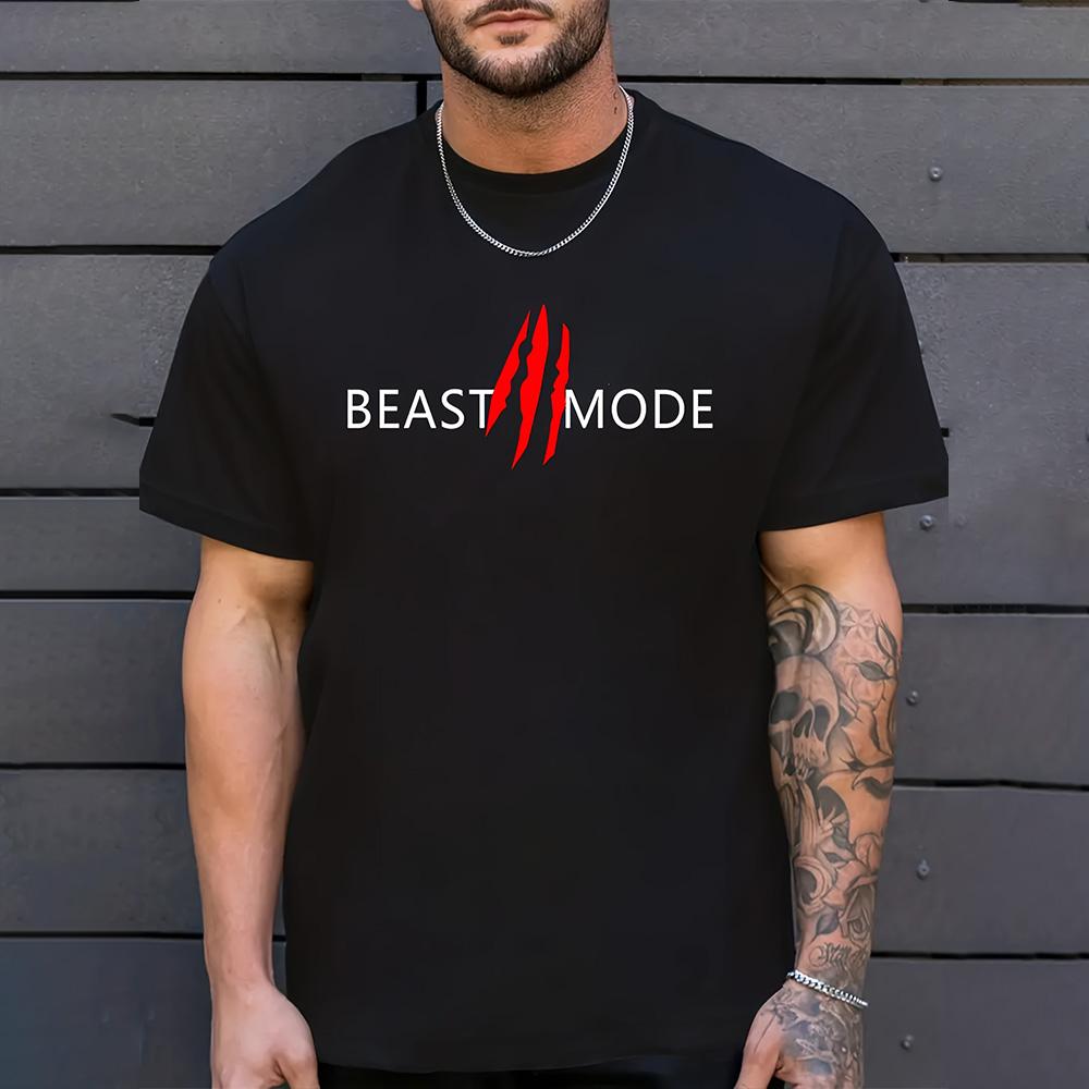 2025 New Hipster Men's Clothing Fashion Beast Mode Letter Print Short Sleeve Top Plus Size Loose T Shirts Menswear Sportswear