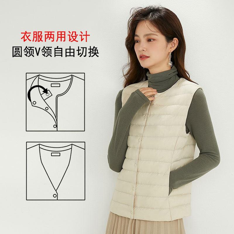 Womens Lightweight Down Vest Slim Fit Sleeveless Puffer With Round Or V-Neck 90% White Duck Inner Layer