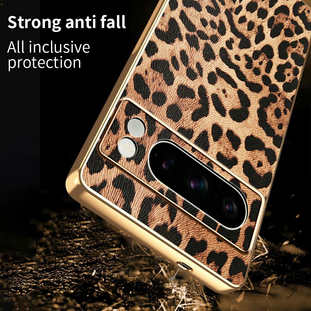 For Google Pixel 8 Pro Case Leopard Print PU Leather Coated PC+TPU Electroplating Phone Cover
