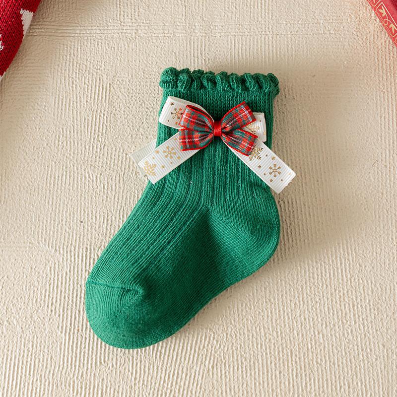 Children Bow Santa Claus Elf Deer Red Green Socks Christmas Kids Girls Princess New Year Autumn Winter Warm Leg Protection Socks