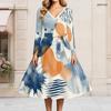 Women Plus Size V Neck Long Sleeve Printed A Line Dress White Teal Tie Waist Flared Midi