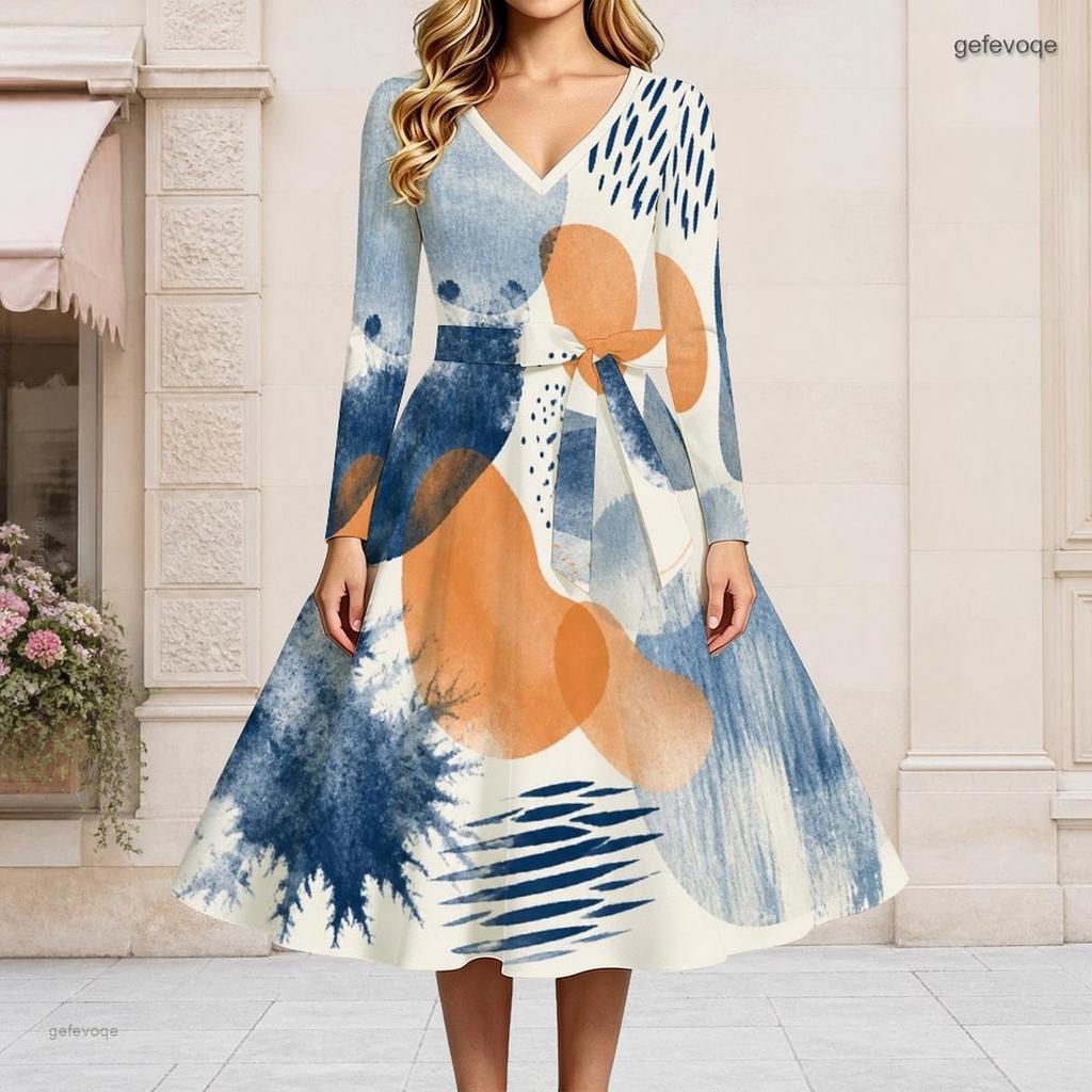 Women Plus Size V Neck Long Sleeve Printed A Line Dress White Teal Tie Waist Flared Midi