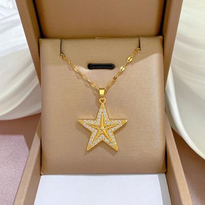 Aço Titânio Luxo Leve Estrela-do-Mar Totalmente Cravejada de Diamantes Corrente para Clavícula com Joia Dourada Real Colar para Mulheres