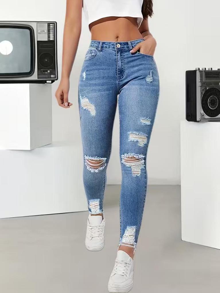 2026 European & American Style High-Waisted Elastic Ripped Skinny Jeans for Women