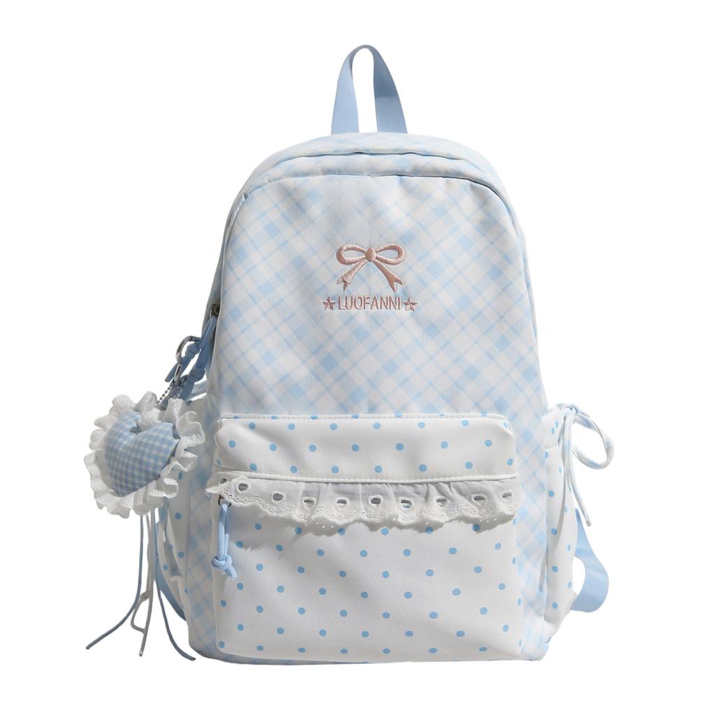 Schoolbag Sea Salt Blue and White Plaid Splicing Lace Backpack Sweet Junior High School Schoolbag Women Travel Small Backpack