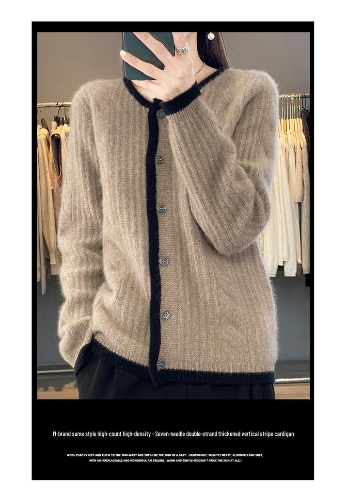 Women's 23-Color Block Round Neck Pure Wool Cardigan - Long Sleeve Knit Sweater