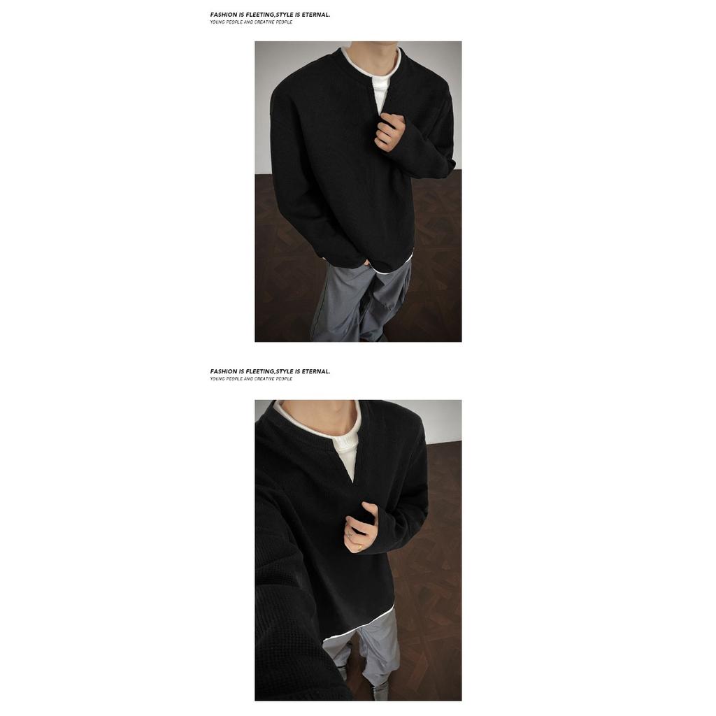 Fake Two Long Sleeved T-shirts, Men's Spring and Autumn Trend, Waffle Style Loose Fit, Bottom Layer, Simple Casual Top