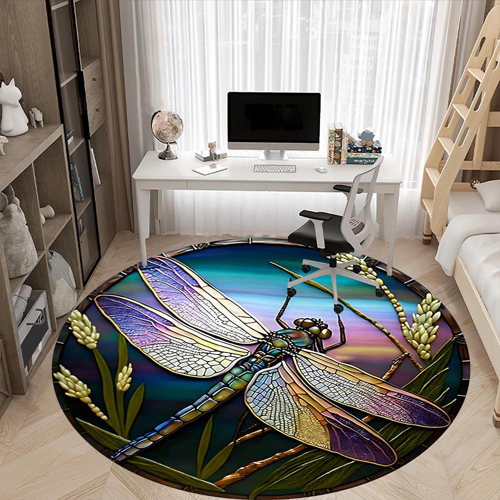1PC Dragonfly StainedGlass Office Round Area Rug, Mat Suitable ForOffice, Under Office Chairs Bedroom Living Room Home Decor, Room Deco