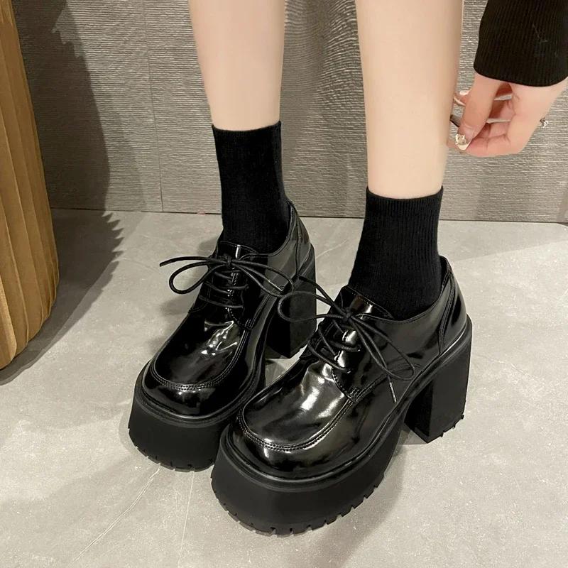 Móda 10CM Dámské platformové mokasíny Černé Super Vysoké Hrubé Podpatky Párty Klub Dámské Britské Nazouvací Čtvercová Špička Silná Podrážka Lodičky