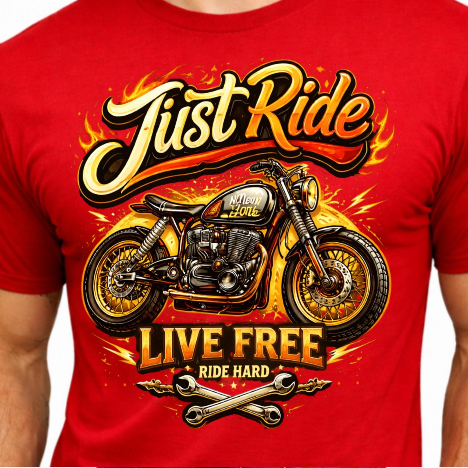 Just Ride Live Free Ride Hard Cafe Racer Bike Flames Vintage Biker Tee. S