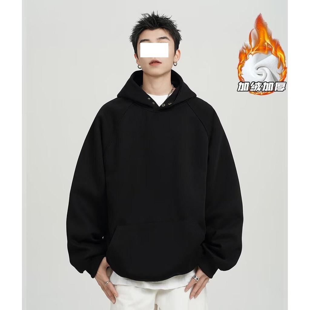 Heavy Button Hooded Sweater Men's Spring and Autumn Velvet Trendy Brand Loose Casual Solid Color Versatile American Hoodie Jacket