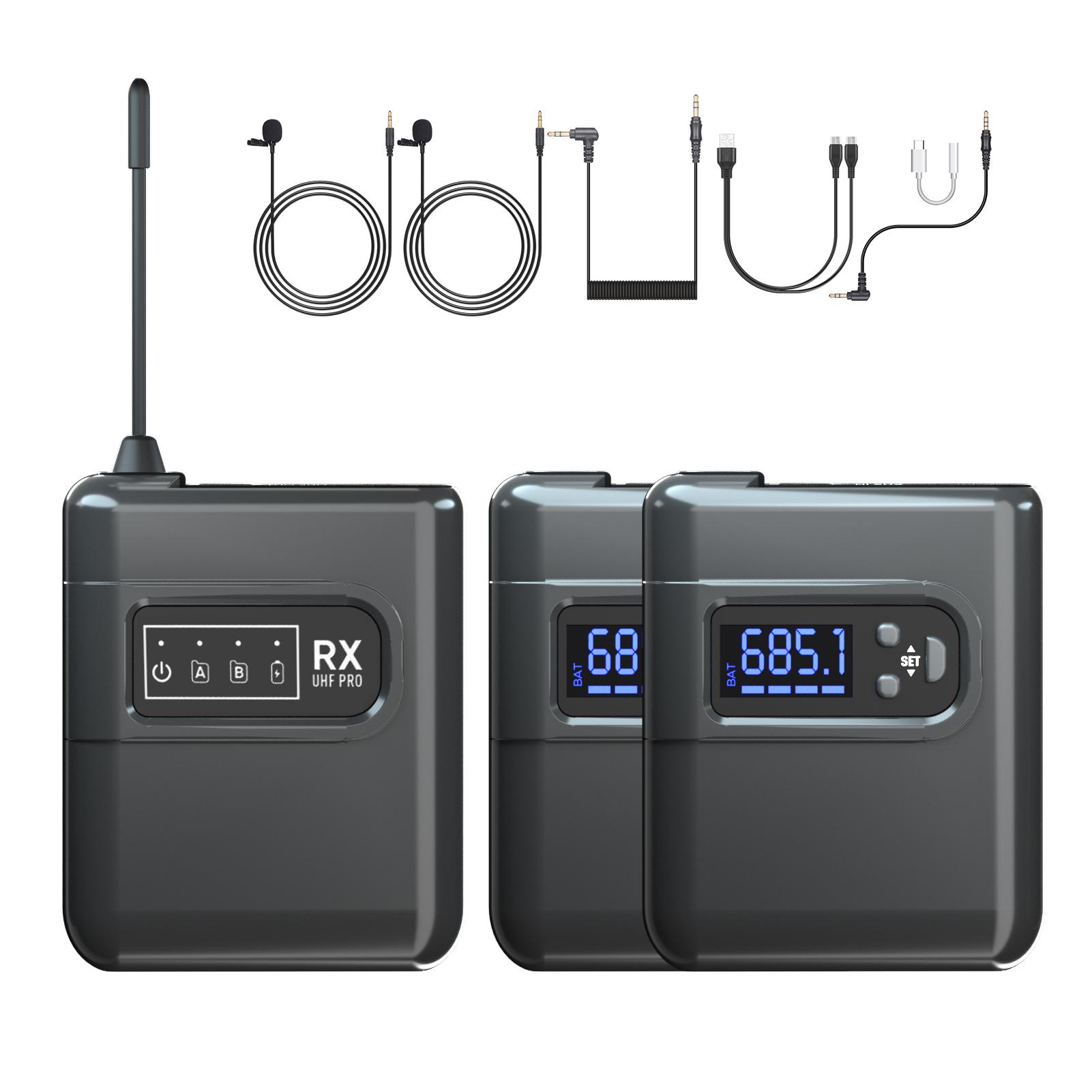 

Беспроводная петличная микрофонная система с 2 передатчиками и 1 приемником, всенаправленным петличным микрофоном 2 Transmitters & 1 Receiver