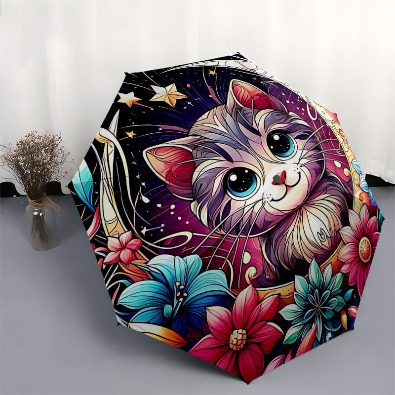 1pc Starry Night Cat Floral Auto Open Close Umbrella - Portable 3-Fold Design with Iron Frame, Perfect for Outdoor, Festive Gifts, Travelers, Daily Us