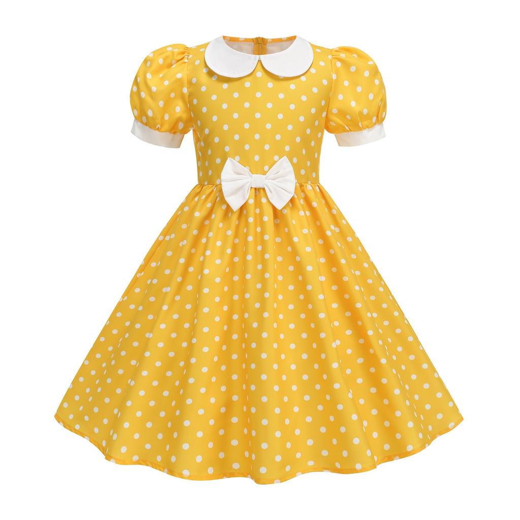 Fashion Children's Short-sleeved Polka Dot Dress With Baby Collar