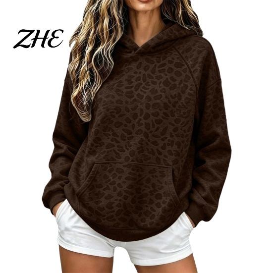 Relaxed Fit Hoodie Women Leopard Print Hoodie, Oversized Drop Shoulder Hooded Sweatshirt with Pocket, Comfortable Long Sleeve Loose Casual Pullover