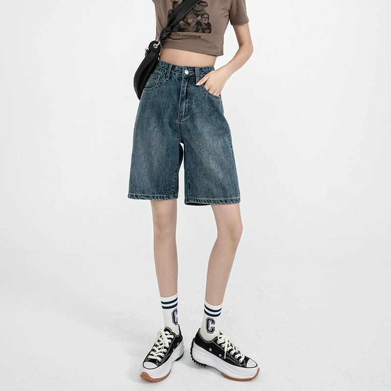 Women's High-Waist Retro Denim Shorts: Loose, Straight-Leg, 5-Point Mid-Length, Hong Kong & Japanese Style for Spring & Summer