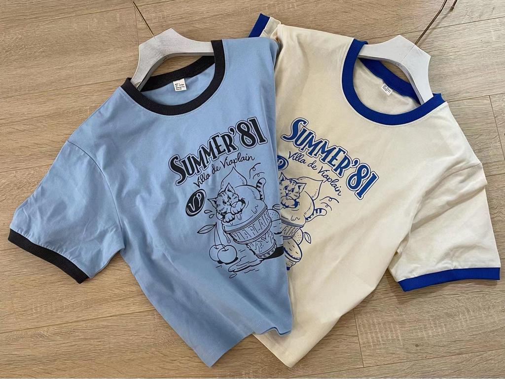 Qiqi 2024 Spring/Summer Color Block Ice Cream Kitten Print Short Sleeve T-Shirt