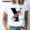 Kawaii English Alphabet Flowers Graphics Female T-Shirt 90S Summer Loose Short Sleeve Round Neck Female Tops Clothing