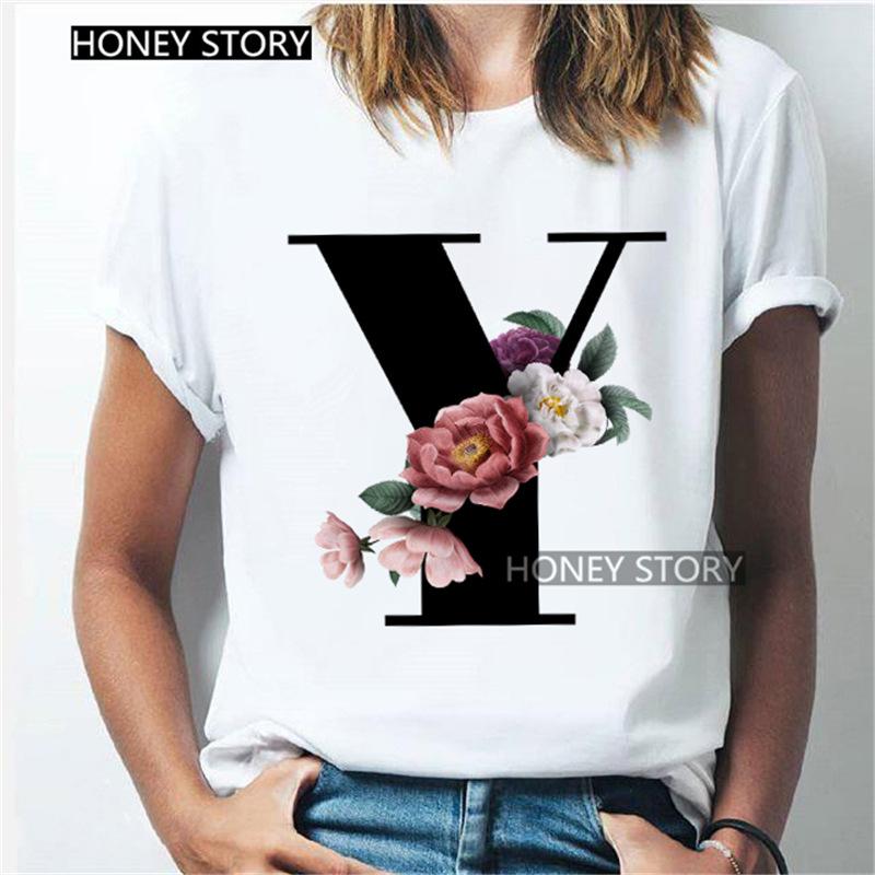 Kawaii English Alphabet Flowers Graphics Female T-Shirt 90S Summer Loose Short Sleeve Round Neck Female Tops Clothing
