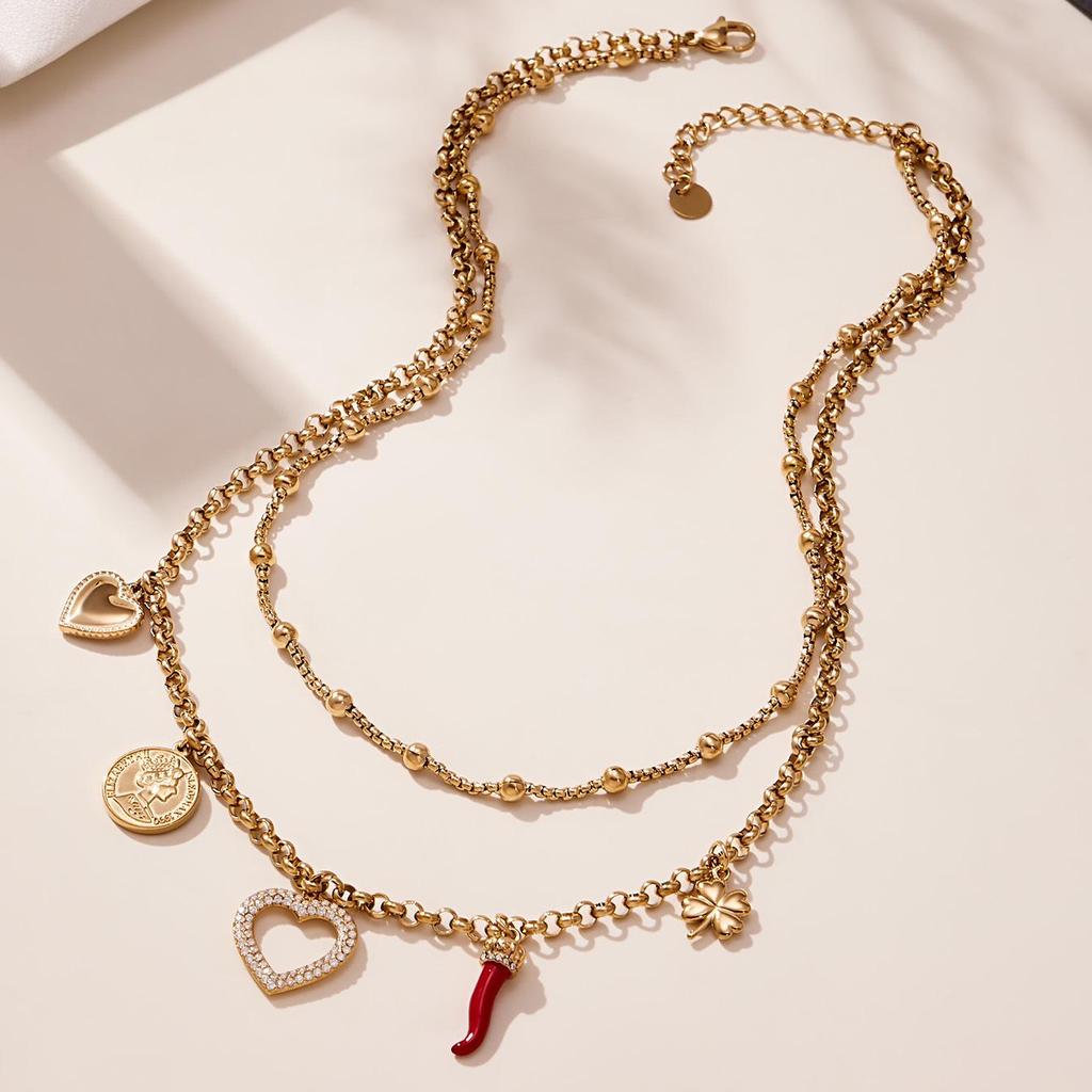 Qiong Yao 5A Zirconia Clover Heart Double Layer 18K Gold-Plated Necklace