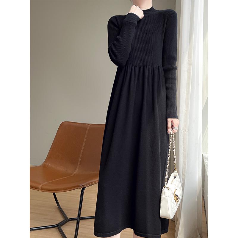 Women's Solid Color Velvet Knit Pullover Mid-Length Dress - Long Sleeve, Half High Neck, Over-the-Knee Style