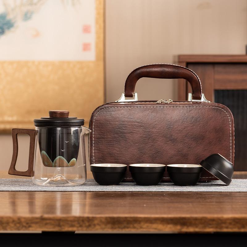 Light Luxury Glass Travel Tea Set, One Pot of Four Cups, High-end Portable Bag, Ceramic Liner Filter, Business Gift Souvenir