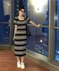 Women's Square Neck Retro Striped Knit Dress - Slim Fit, Midi Pencil Skirt, Cinched Waist, Figure-Flattering for Summer
