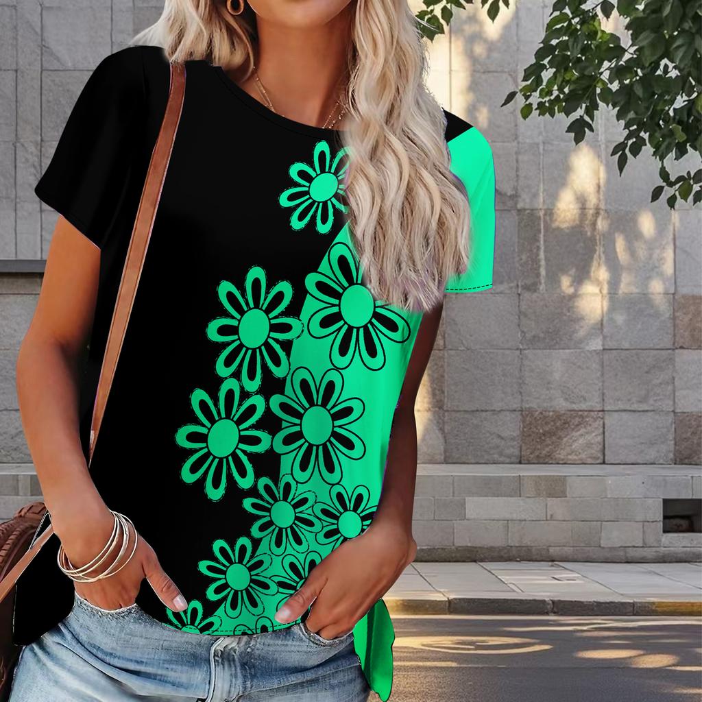 Women Summer T Shirt Flower Print Retro Fashion Short Sleeve Tees Casual   Printed  Tops