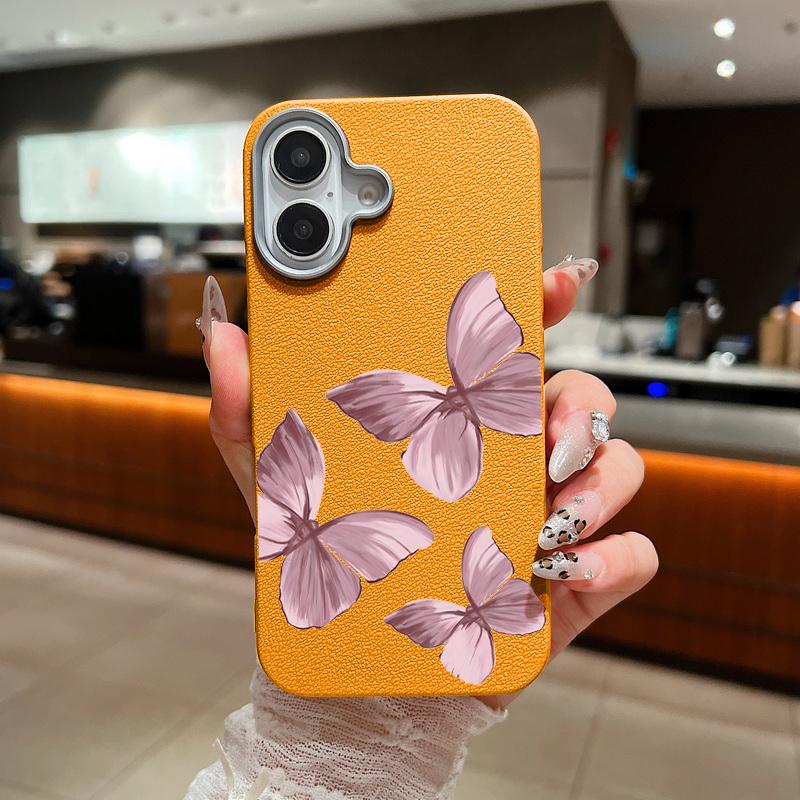 Pink Butterfly Pattern Leather Texture Slim Soft Phone Case For iPhone 16 Pro Max 15 14 Pro 13 12 11 TPU Matte Lens Protection Shockproof Bumper Cover