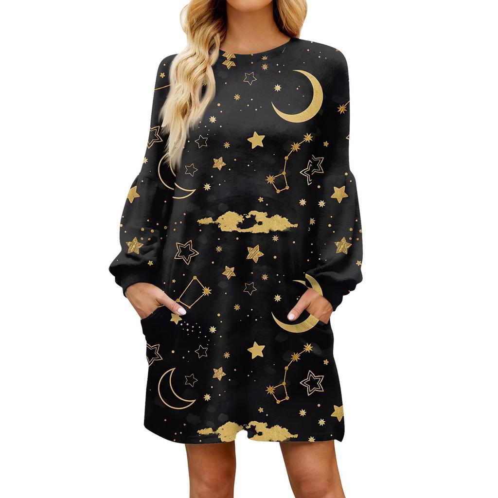 Fashionable Ladies Star Print Autumn Long Sleeve Casual Loose Dress