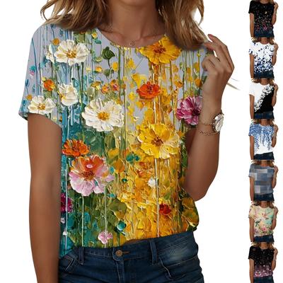 Women's Fashionable Casual Short-sleeved, Retro Printed Round-neck Top
